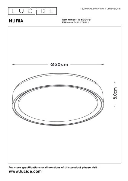 Lucide NURIA - Flush ceiling light - Ø 50 cm- LED 3 StepDim - 1x36W 2700K - White - technical